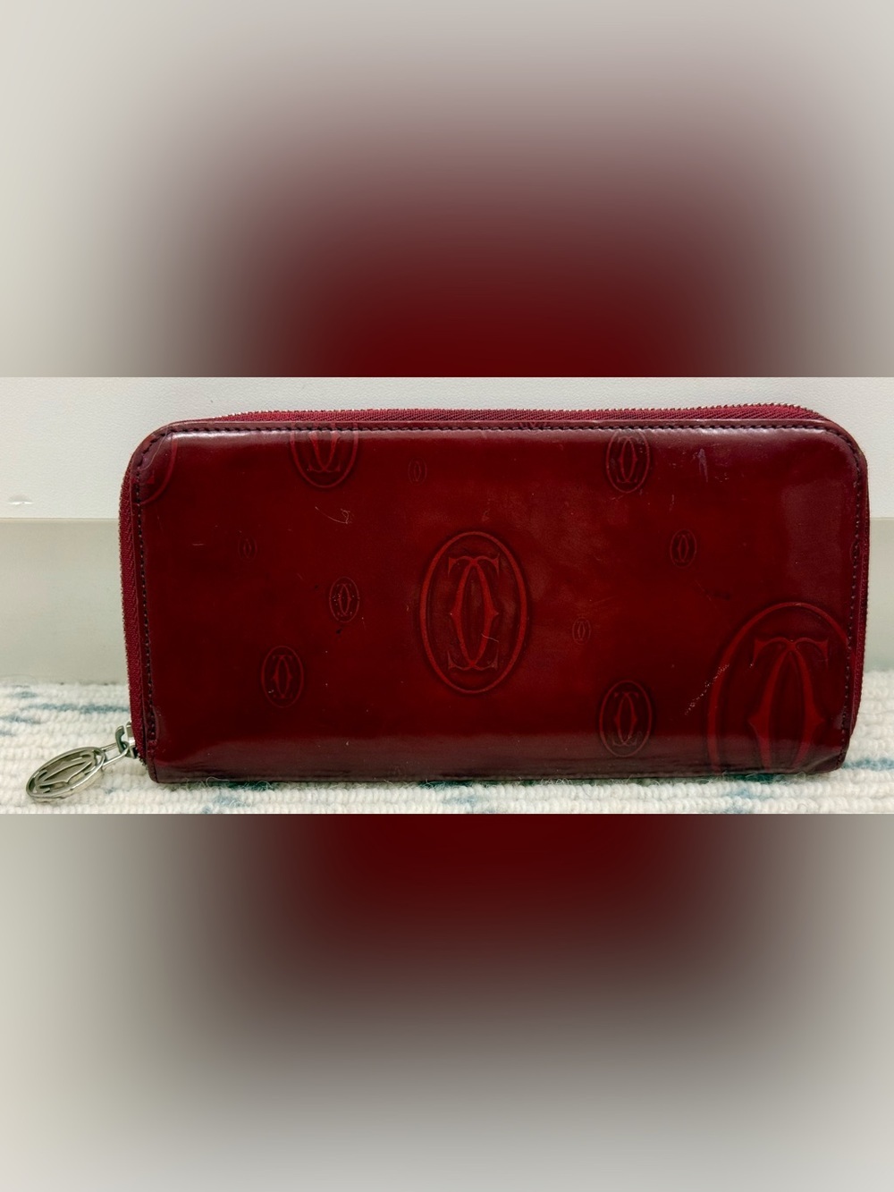CARTIER Vintage “Happy Birthday” Red Patent Leather Monogram Zippy Long Wallet